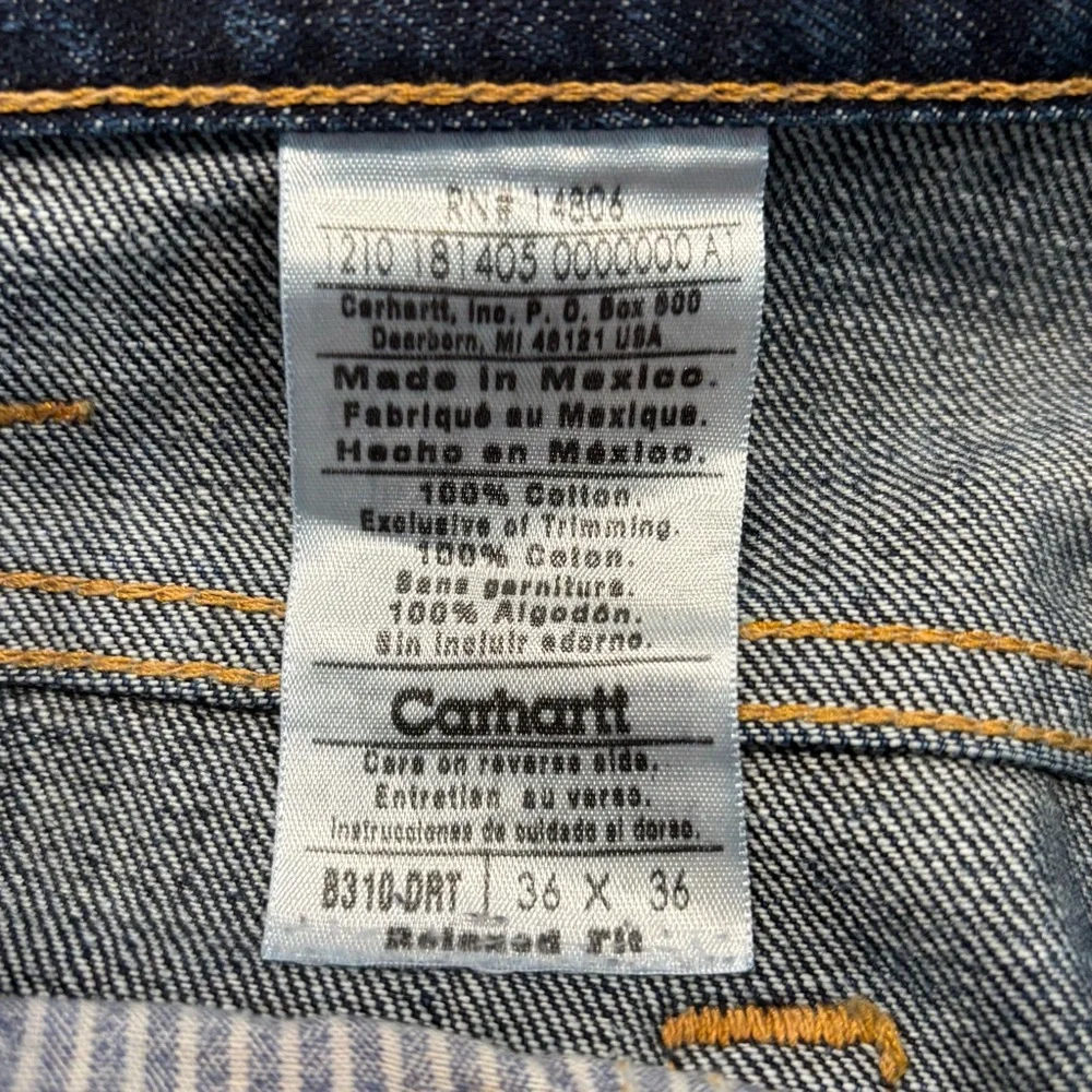 Carhartt B310DRT Jeans Men’s 36x36 Relaxed Fit Dark Wash Bootcut Work Pants Tall - Picture 9 of 10